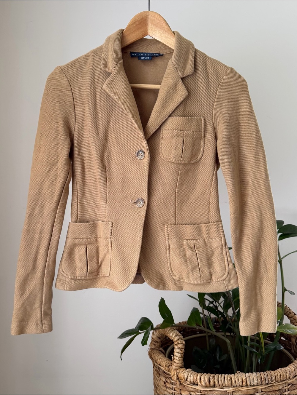 Women's RALPH LAUREN Blue Label Khaki Tan Cotton Knit Blazer Jacket Coat Size 2